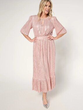 by Stacy London Petite Metallic Plisse Pleated Midi Dress, Primrose Sz PM a67133